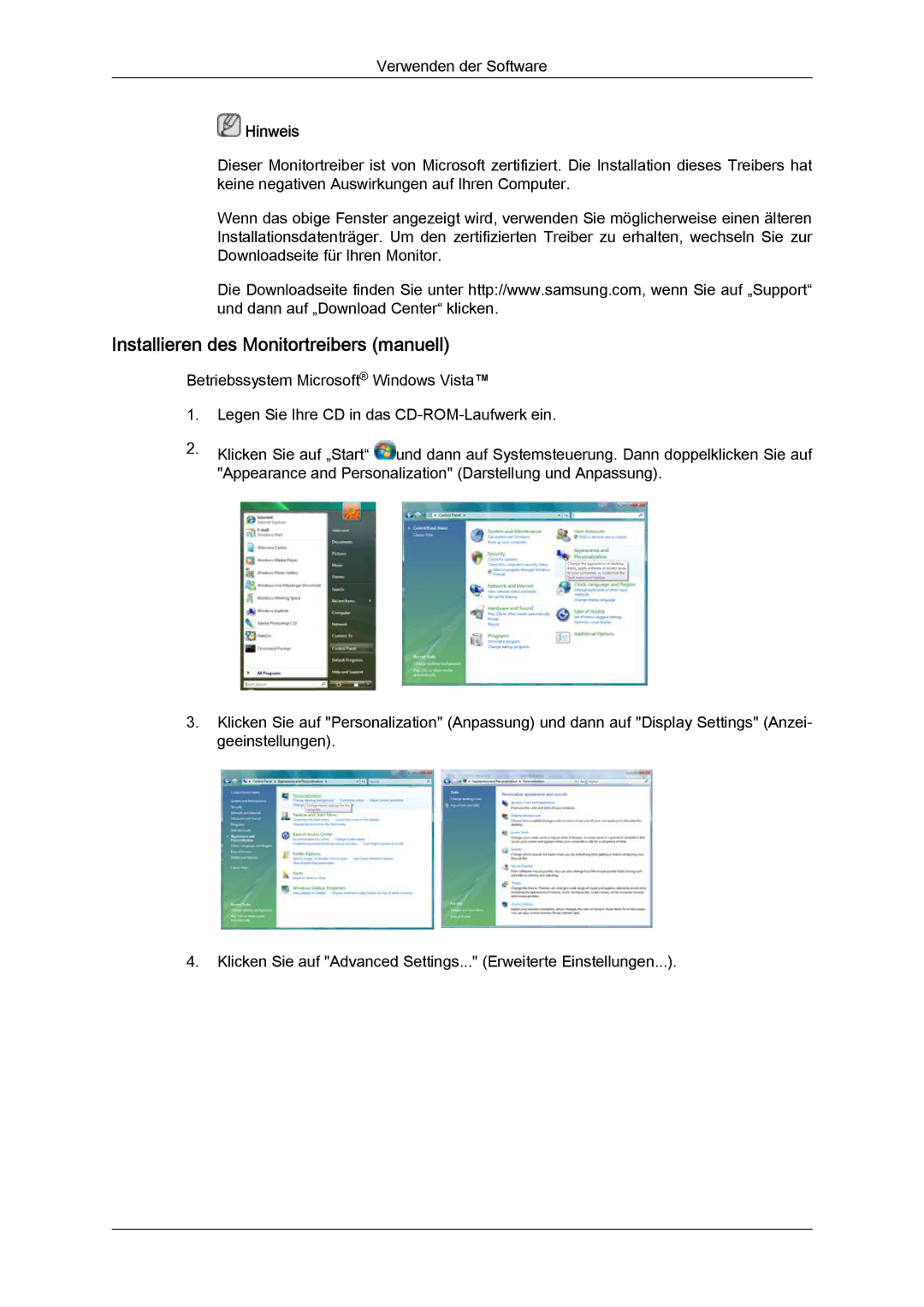 Samsung LH23PTRMBC/EN, LH23PTSMBC/EN, LH23PTVMBC/EN, LH23PTTMBC/EN manual Installieren des Monitortreibers manuell 