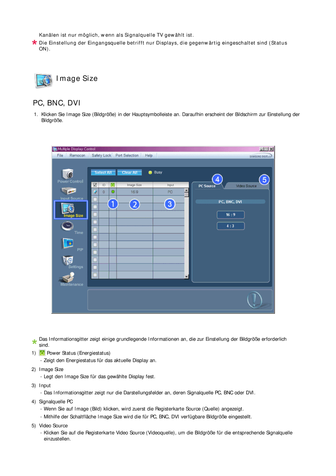 Samsung LH23PTVMBC/EN, LH23PTSMBC/EN, LH23PTRMBC/EN, LH23PTTMBC/EN manual Image Size, Pc, Bnc, Dvi 