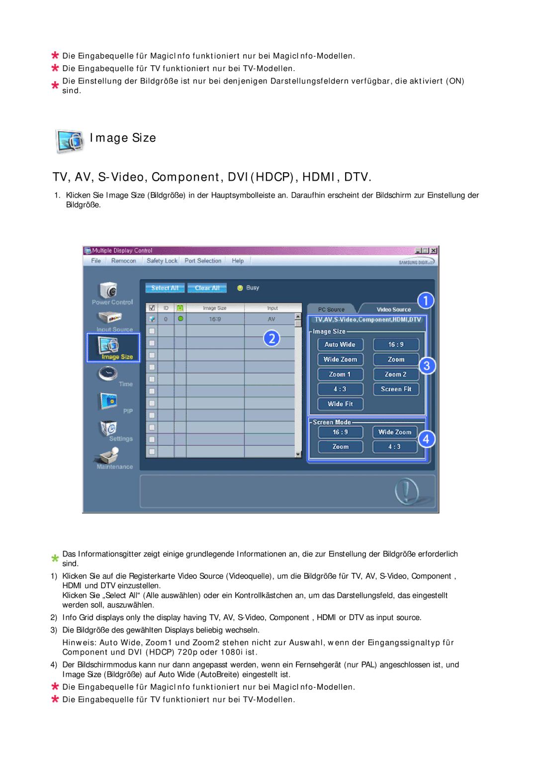 Samsung LH23PTTMBC/EN, LH23PTSMBC/EN, LH23PTRMBC/EN, LH23PTVMBC/EN Image Size TV, AV, S-Video, Component, DVIHDCP, HDMI, DTV 