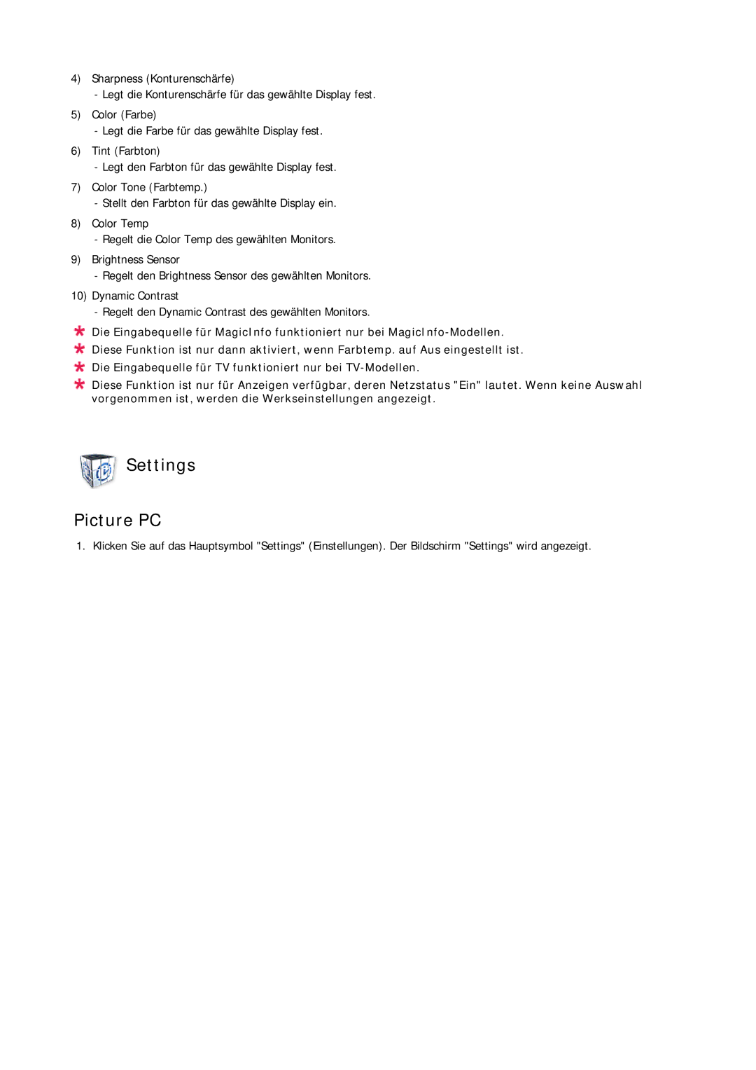 Samsung LH23PTSMBC/EN, LH23PTRMBC/EN, LH23PTVMBC/EN, LH23PTTMBC/EN manual Settings Picture PC 