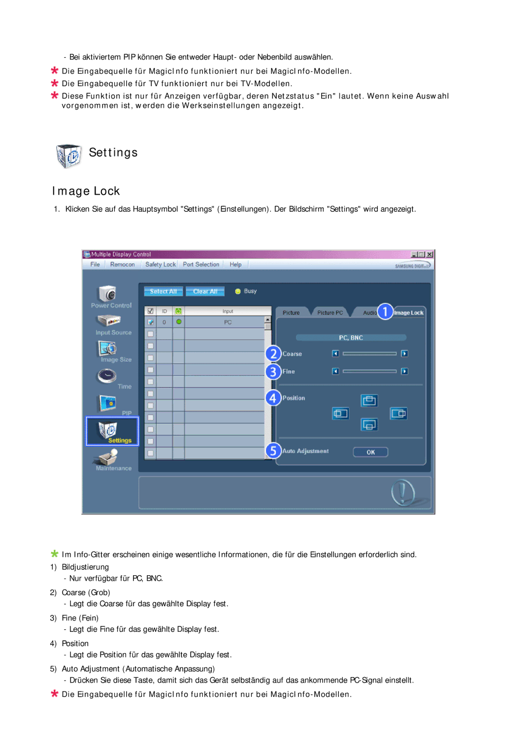 Samsung LH23PTTMBC/EN, LH23PTSMBC/EN, LH23PTRMBC/EN, LH23PTVMBC/EN manual Settings Image Lock 