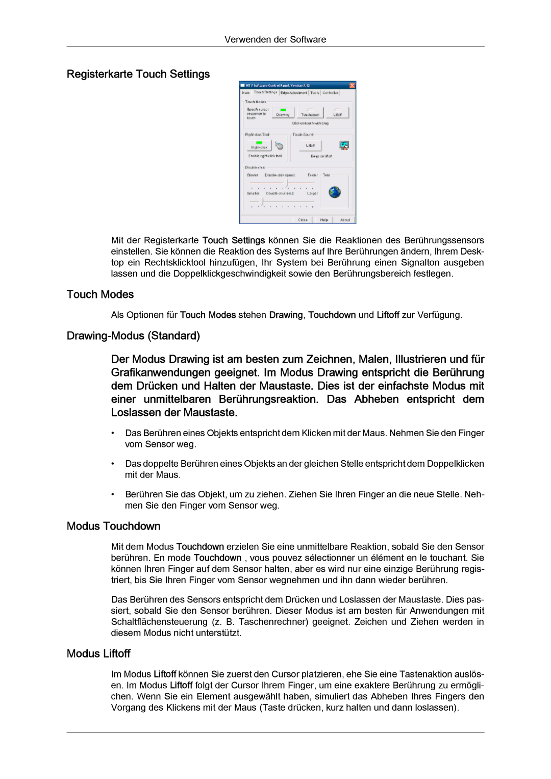 Samsung LH23PTSMBC/EN, LH23PTRMBC/EN manual Registerkarte Touch Settings, Touch Modes, Modus Touchdown, Modus Liftoff 