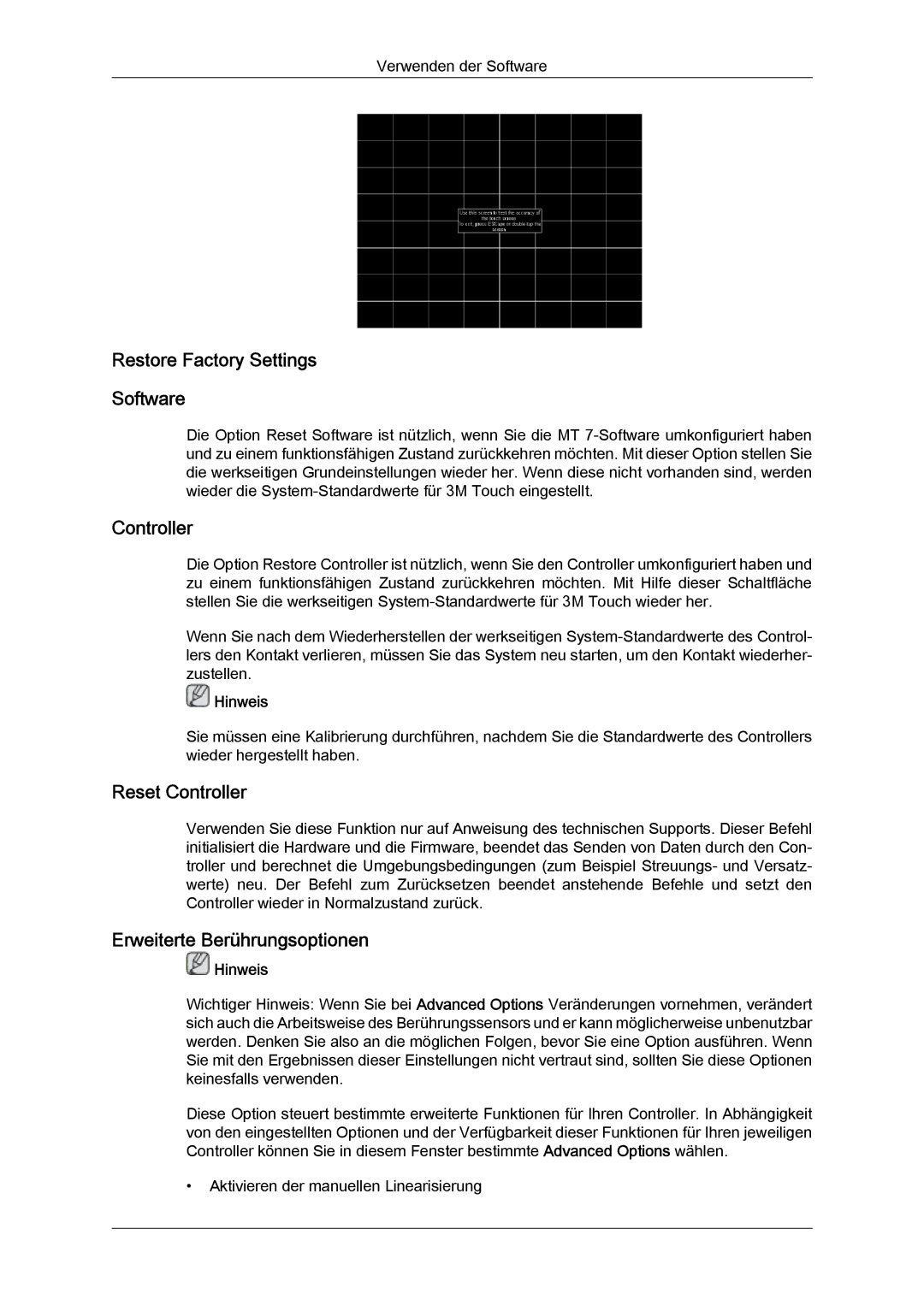 Samsung LH23PTSMBC/EN manual Restore Factory Settings Software, Reset Controller, Erweiterte Berührungsoptionen 