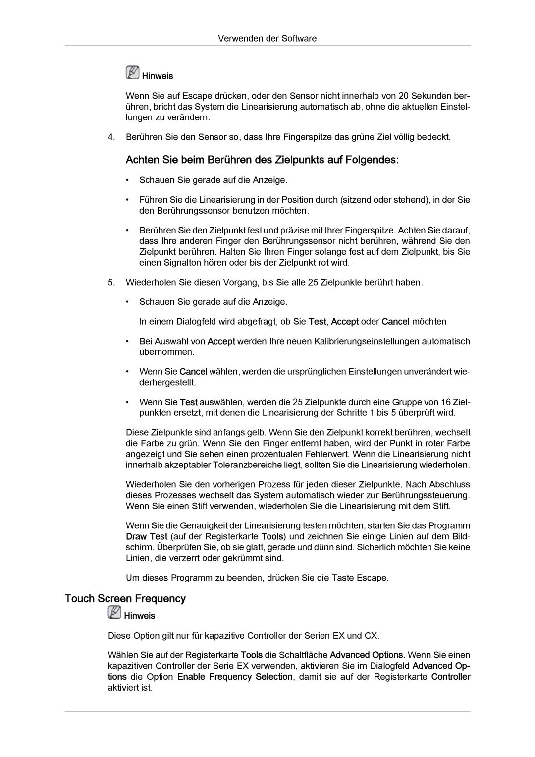 Samsung LH23PTVMBC/EN, LH23PTSMBC/EN manual Achten Sie beim Berühren des Zielpunkts auf Folgendes, Touch Screen Frequency 