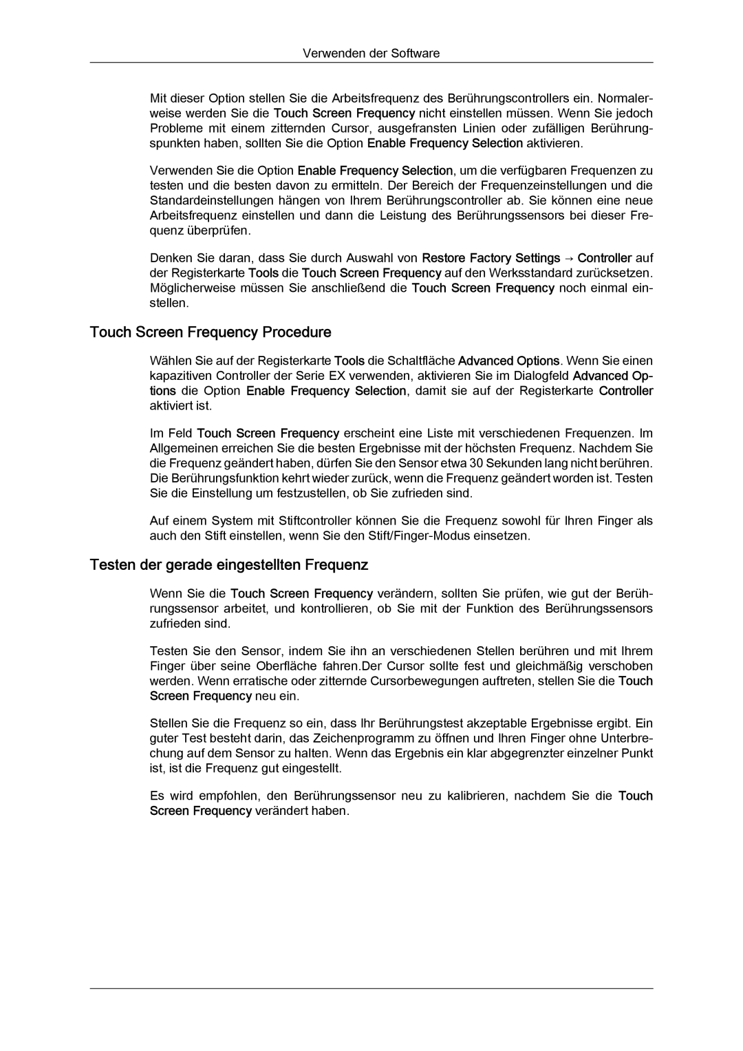 Samsung LH23PTTMBC/EN, LH23PTSMBC/EN manual Touch Screen Frequency Procedure, Testen der gerade eingestellten Frequenz 