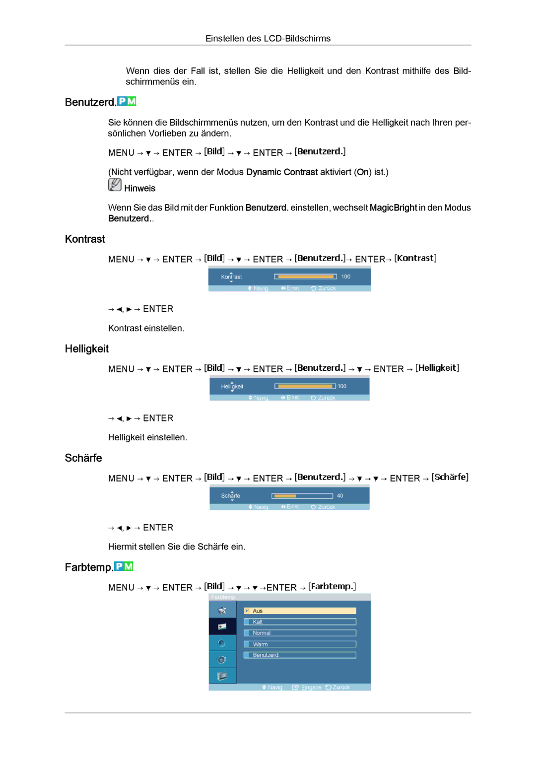 Samsung LH23PTVMBC/EN, LH23PTSMBC/EN, LH23PTRMBC/EN, LH23PTTMBC/EN manual Benutzerd, Kontrast, Helligkeit, Schärfe, Farbtemp 