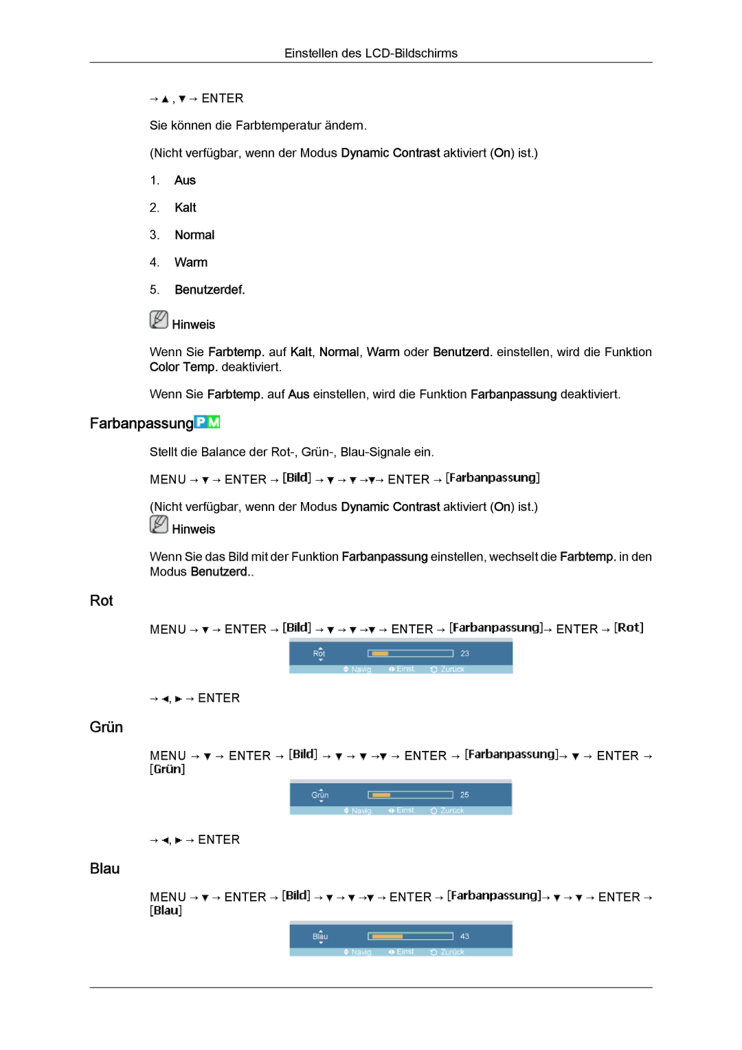 Samsung LH23PTTMBC/EN, LH23PTSMBC/EN manual Farbanpassung, Rot, Grün, Blau, Aus Kalt Normal Warm Benutzerdef Hinweis 