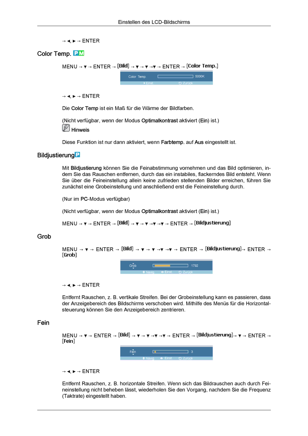 Samsung LH23PTSMBC/EN, LH23PTRMBC/EN, LH23PTVMBC/EN, LH23PTTMBC/EN manual Color Temp, Bildjustierung, Grob, Fein 