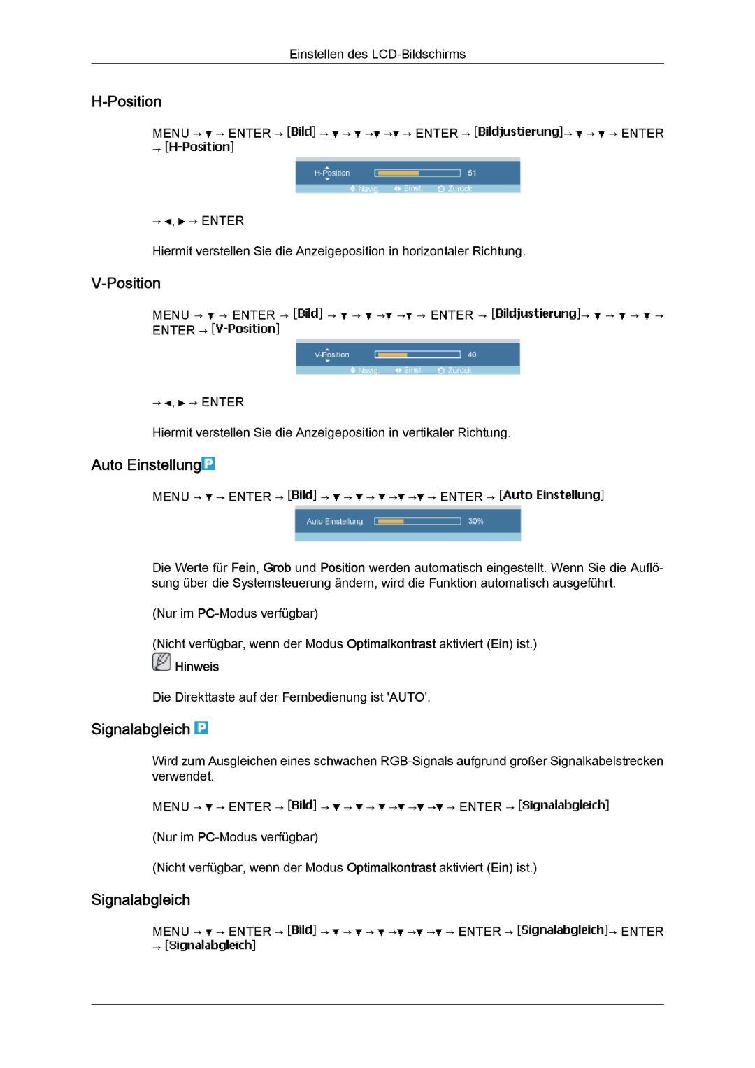 Samsung LH23PTRMBC/EN, LH23PTSMBC/EN, LH23PTVMBC/EN, LH23PTTMBC/EN manual Position, Auto Einstellung, Signalabgleich 