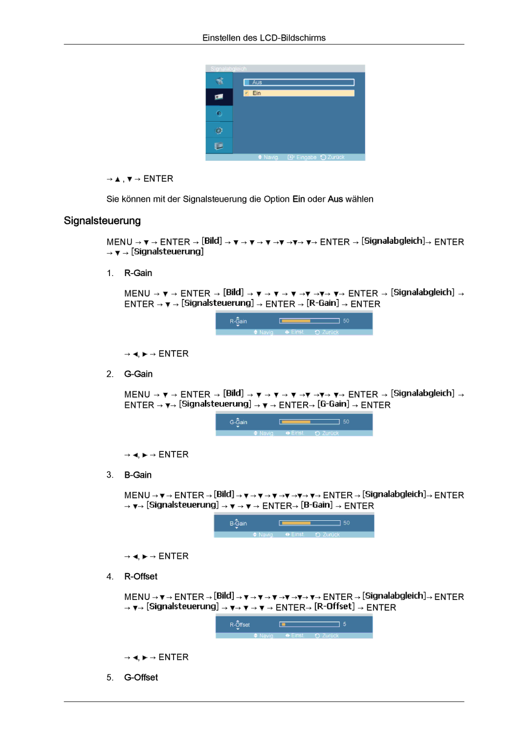 Samsung LH23PTVMBC/EN, LH23PTSMBC/EN, LH23PTRMBC/EN, LH23PTTMBC/EN manual Signalsteuerung, Gain, Offset 