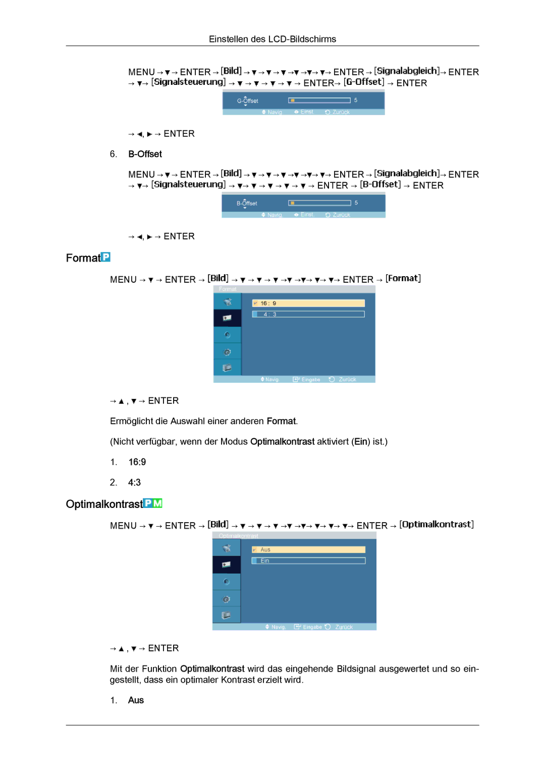 Samsung LH23PTTMBC/EN, LH23PTSMBC/EN, LH23PTRMBC/EN, LH23PTVMBC/EN manual Format, Optimalkontrast, Aus 