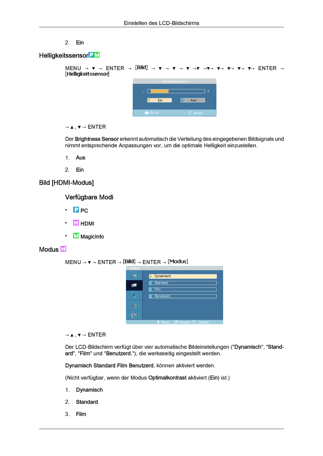 Samsung LH23PTSMBC/EN, LH23PTRMBC/EN, LH23PTVMBC/EN, LH23PTTMBC/EN manual Helligkeitssensor, Bild HDMI-Modus Verfügbare Modi 