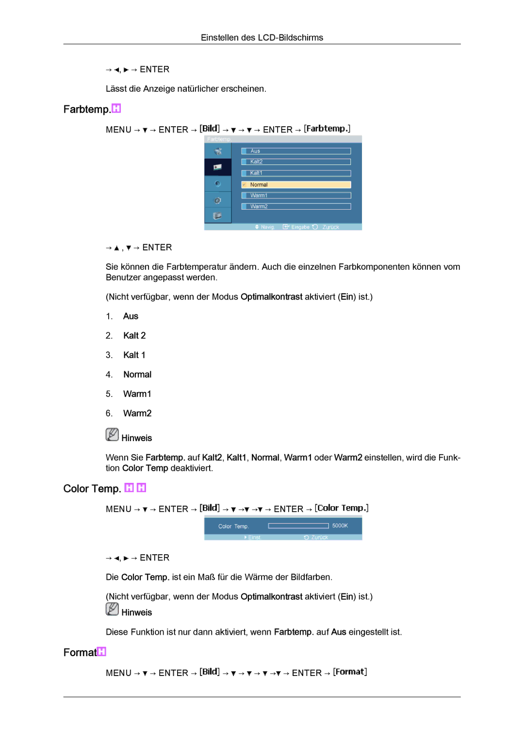 Samsung LH23PTVMBC/EN, LH23PTSMBC/EN, LH23PTRMBC/EN, LH23PTTMBC/EN manual Farbtemp, Aus Kalt Normal Warm1 Warm2 Hinweis 