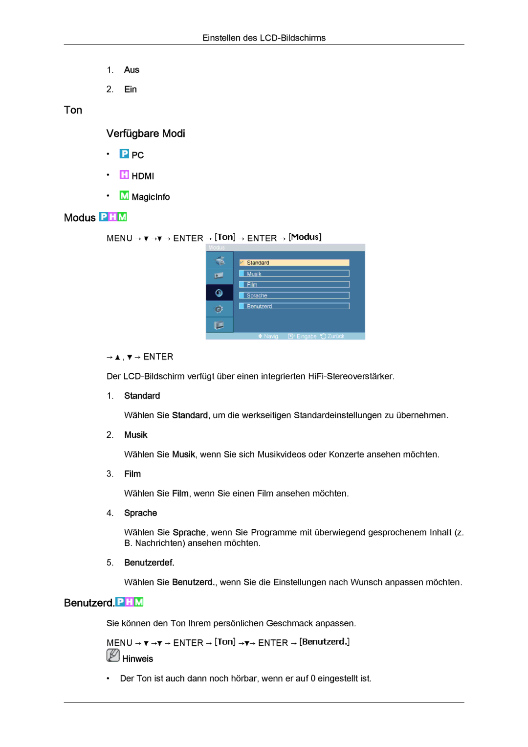 Samsung LH23PTRMBC/EN, LH23PTSMBC/EN, LH23PTVMBC/EN, LH23PTTMBC/EN manual Ton Verfügbare Modi, Musik, Sprache 