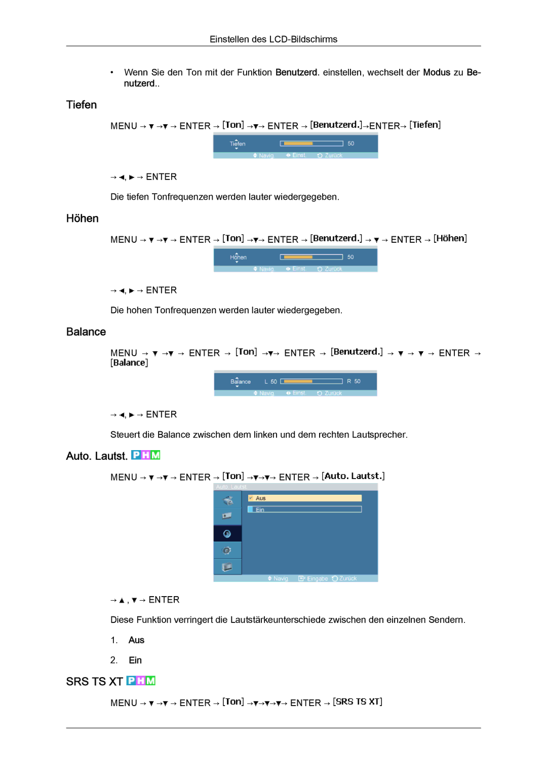 Samsung LH23PTVMBC/EN, LH23PTSMBC/EN, LH23PTRMBC/EN, LH23PTTMBC/EN manual Tiefen, Höhen, Balance, Auto. Lautst 