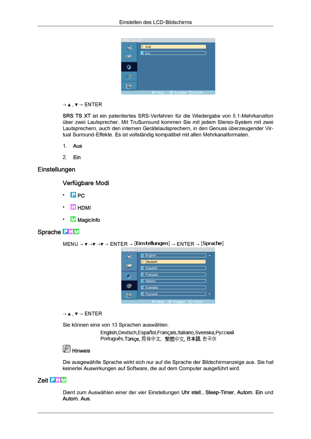 Samsung LH23PTTMBC/EN, LH23PTSMBC/EN, LH23PTRMBC/EN, LH23PTVMBC/EN manual Einstellungen Verfügbare Modi, Sprache, Zeit 