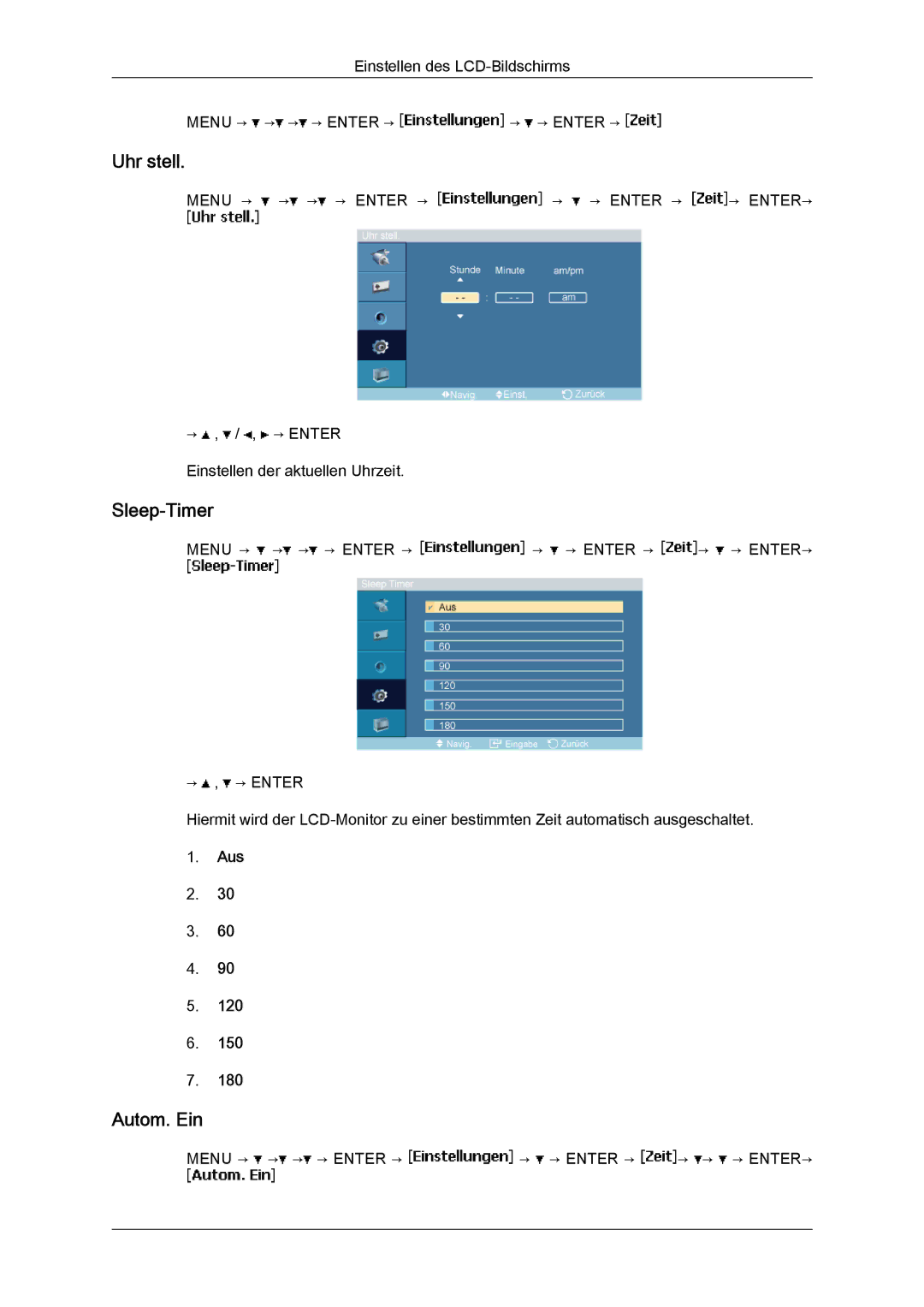 Samsung LH23PTSMBC/EN, LH23PTRMBC/EN, LH23PTVMBC/EN, LH23PTTMBC/EN manual Uhr stell, Sleep-Timer, Autom. Ein 