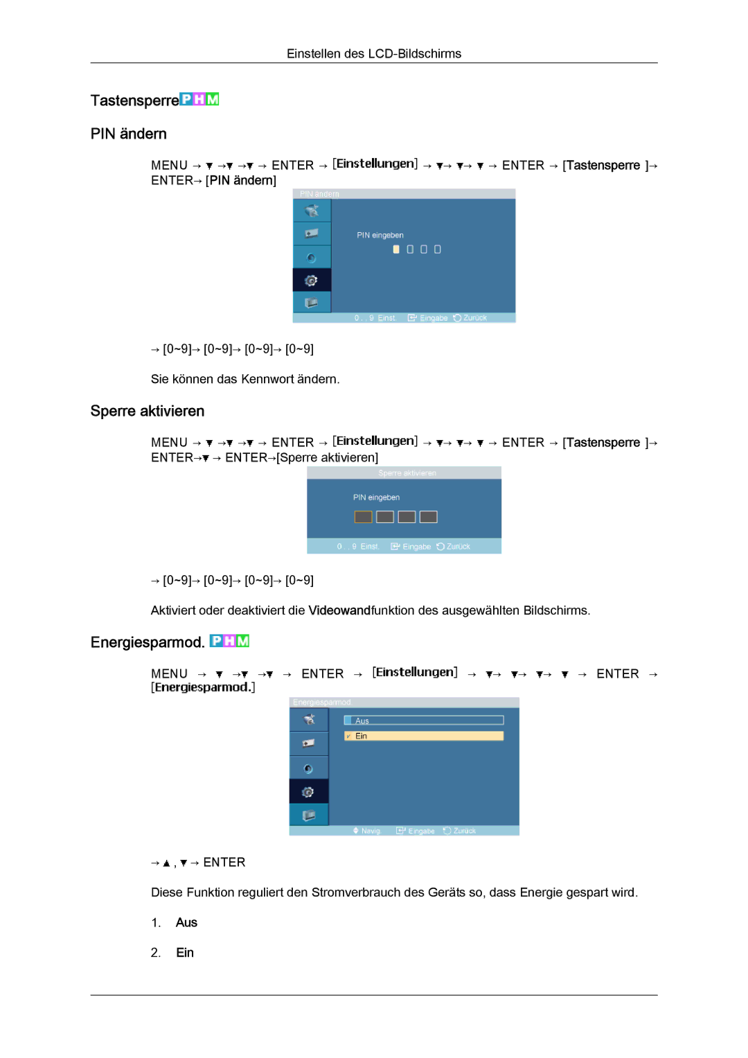 Samsung LH23PTVMBC/EN, LH23PTSMBC/EN, LH23PTRMBC/EN manual Tastensperre PIN ändern, Sperre aktivieren, Energiesparmod 