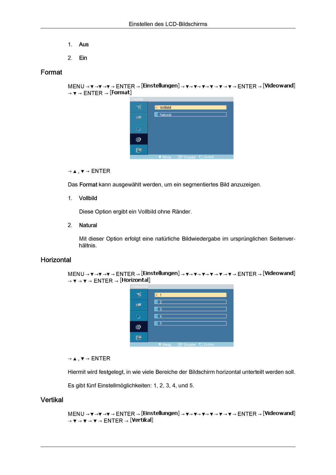 Samsung LH23PTSMBC/EN, LH23PTRMBC/EN, LH23PTVMBC/EN, LH23PTTMBC/EN manual Horizontal, Vertikal, Vollbild, Natural 