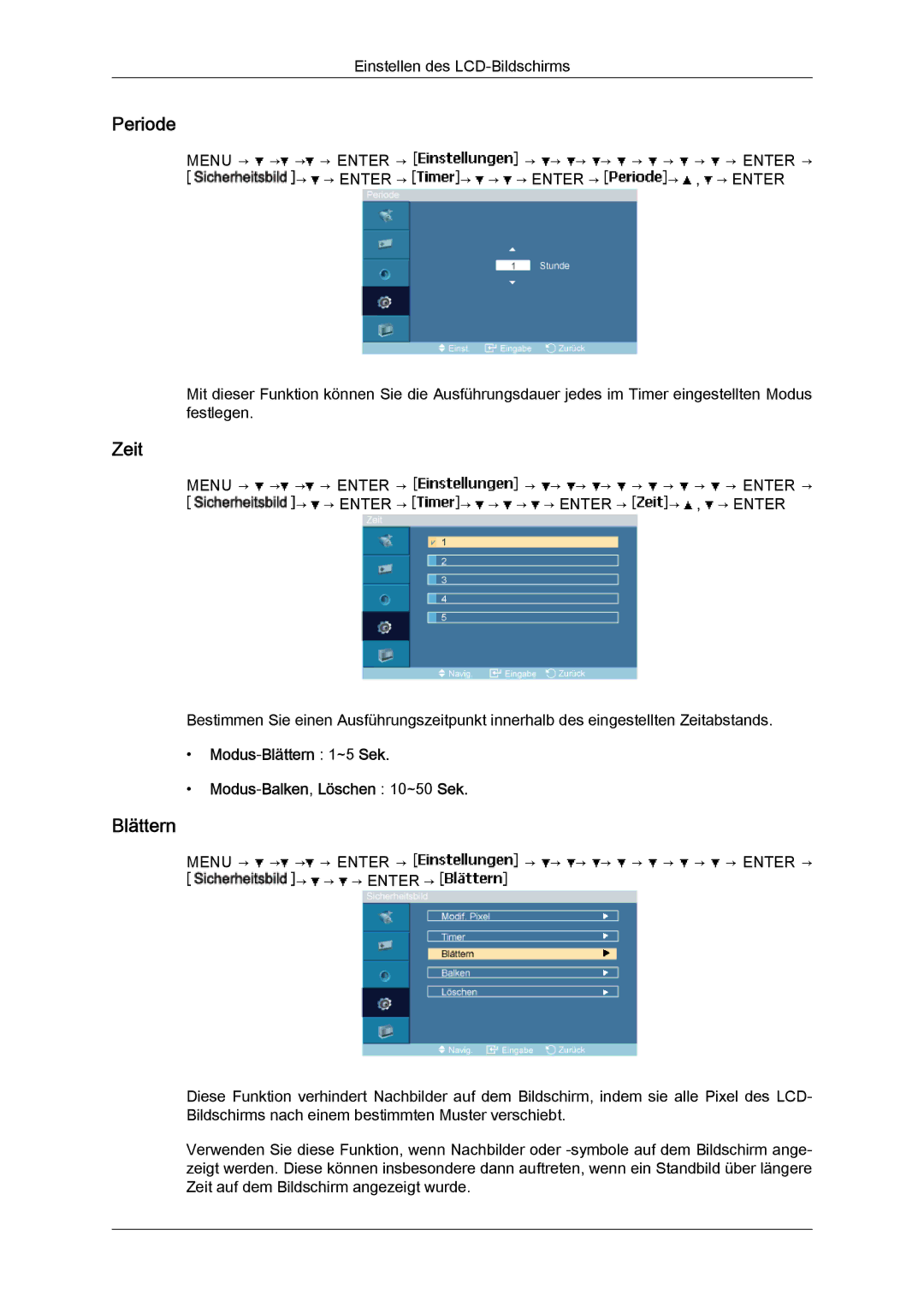 Samsung LH23PTSMBC/EN, LH23PTRMBC/EN, LH23PTVMBC/EN manual Periode, Modus-Blättern 1~5 Sek Modus-Balken,Löschen 10~50 Sek 