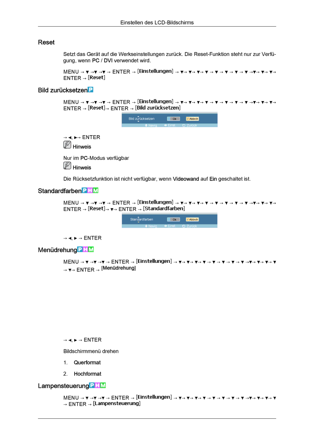 Samsung LH23PTTMBC/EN, LH23PTSMBC/EN, LH23PTRMBC/EN Reset, Bild zurücksetzen, Standardfarben, Menüdrehung, Lampensteuerung 