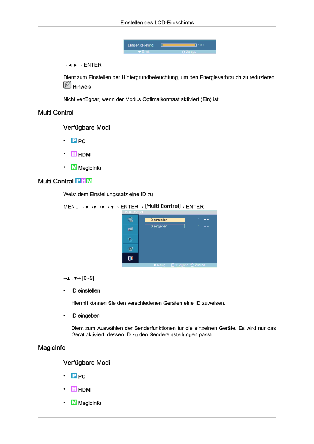 Samsung LH23PTSMBC/EN, LH23PTRMBC/EN Multi Control Verfügbare Modi, MagicInfo Verfügbare Modi, ID einstellen, ID eingeben 