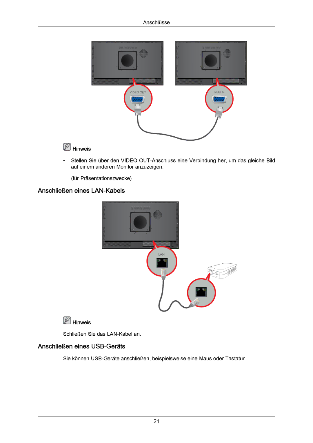 Samsung LH23PTRMBC/EN, LH23PTSMBC/EN, LH23PTVMBC/EN manual Anschließen eines LAN-Kabels, Anschließen eines USB-Geräts 