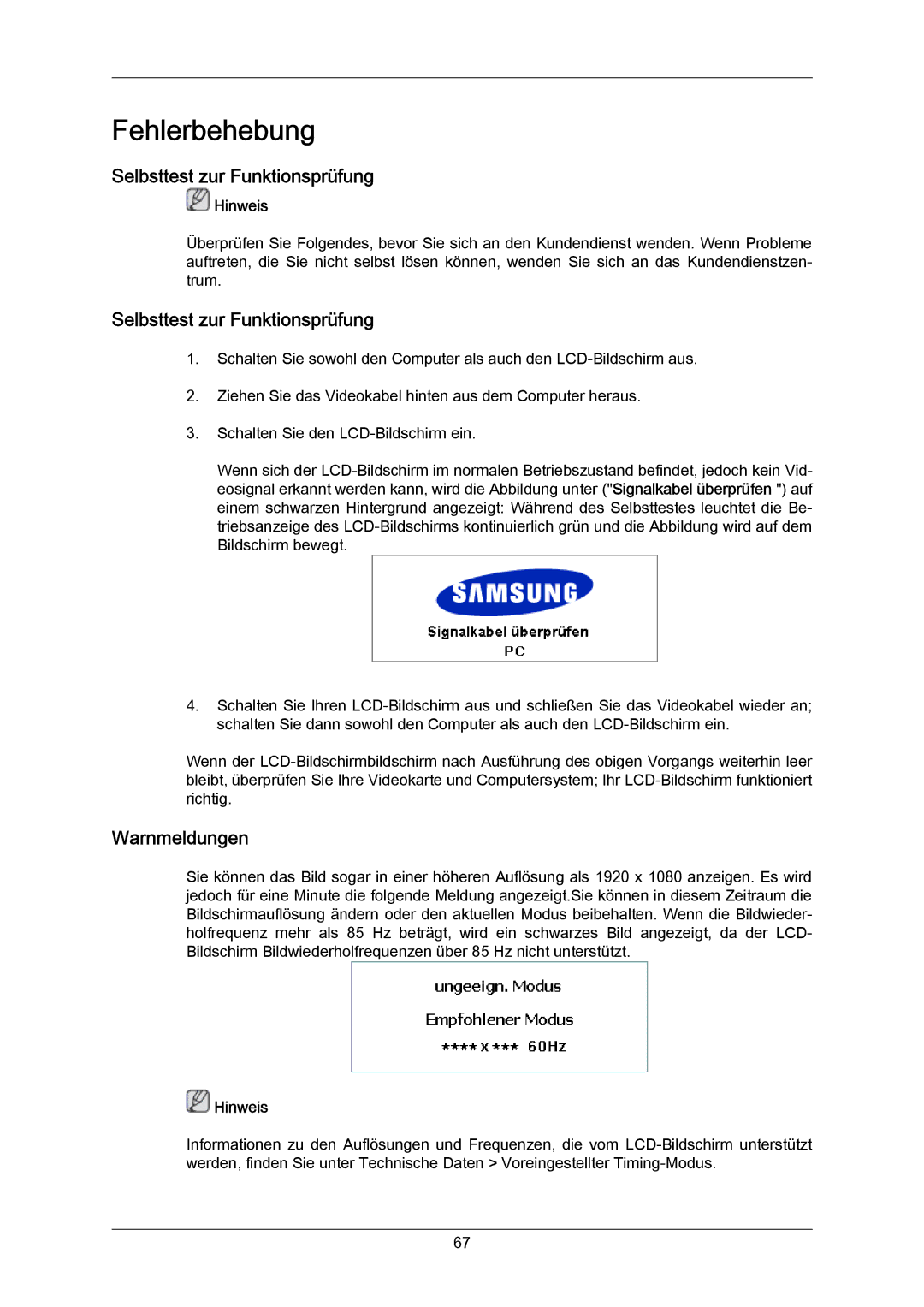 Samsung LH23PTTMBC/EN, LH23PTSMBC/EN, LH23PTRMBC/EN, LH23PTVMBC/EN manual Selbsttest zur Funktionsprüfung, Warnmeldungen 