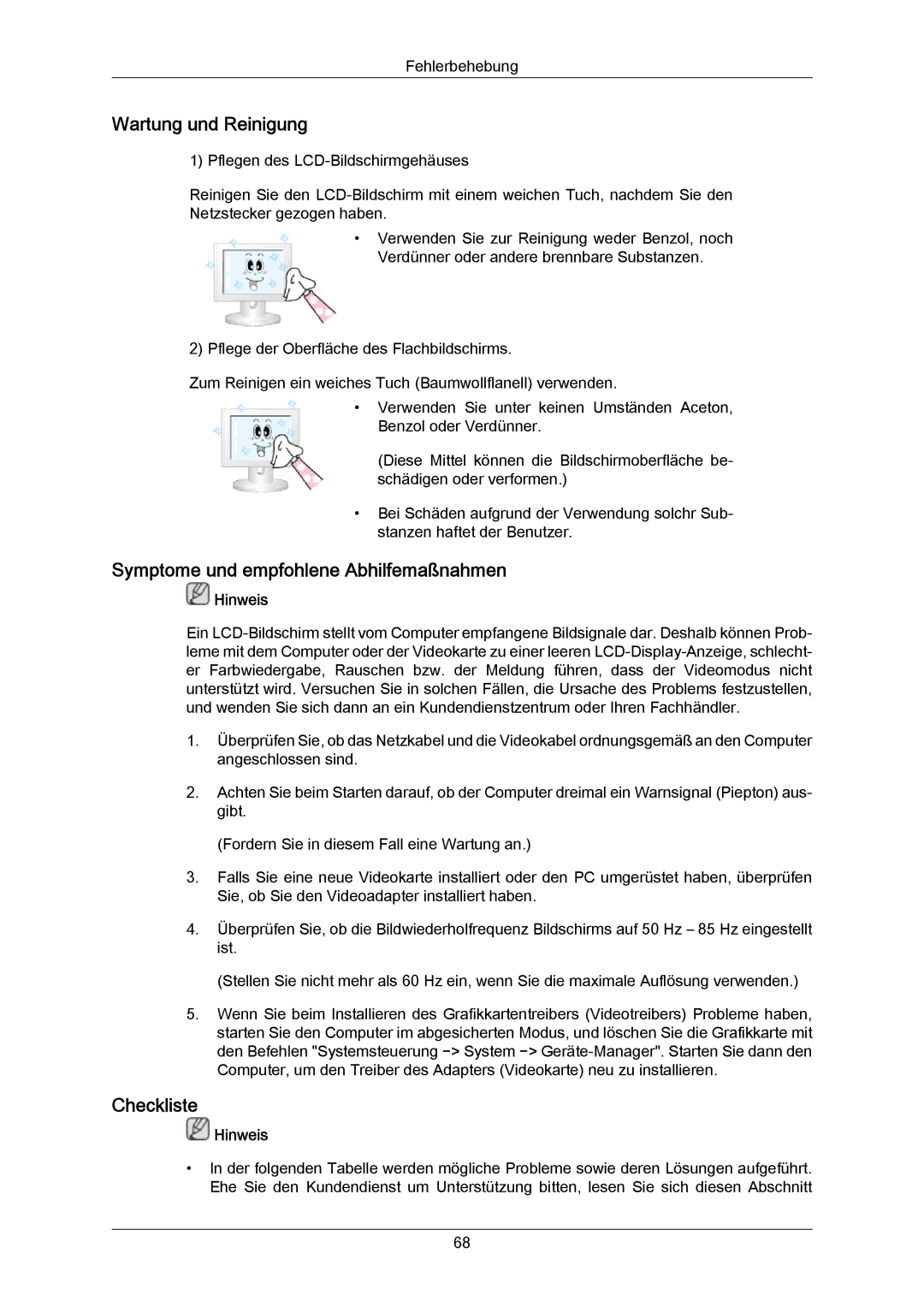 Samsung LH23PTSMBC/EN, LH23PTRMBC/EN manual Wartung und Reinigung, Symptome und empfohlene Abhilfemaßnahmen, Checkliste 