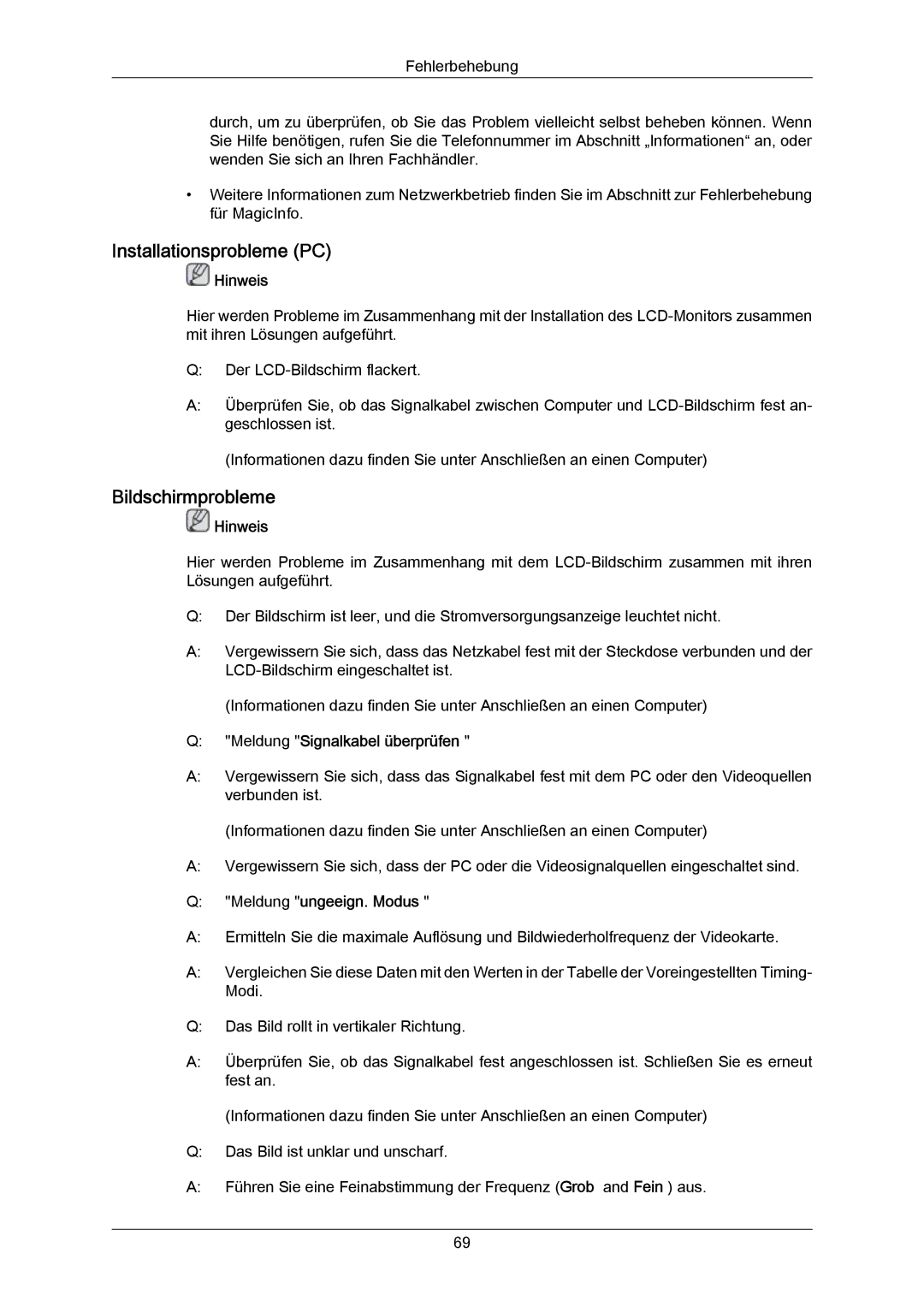 Samsung LH23PTRMBC/EN, LH23PTSMBC/EN manual Installationsprobleme PC, Bildschirmprobleme, Meldung Signalkabel überprüfen 