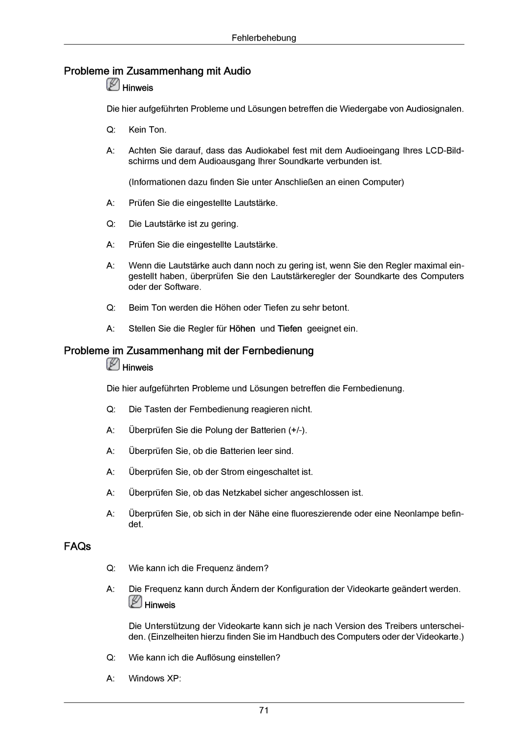 Samsung LH23PTTMBC/EN manual Probleme im Zusammenhang mit Audio, Probleme im Zusammenhang mit der Fernbedienung, FAQs 