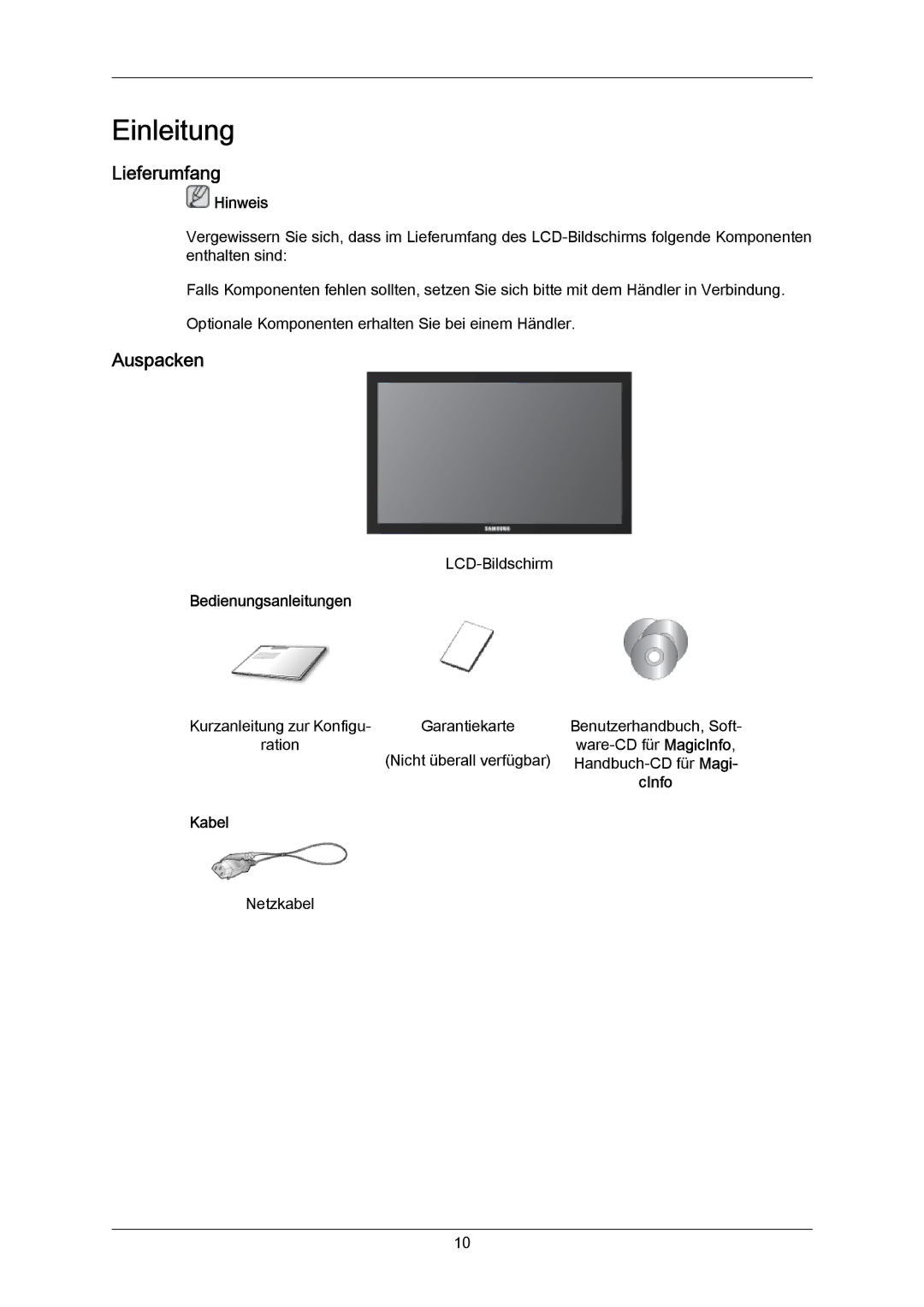 Samsung LH23PTVMBC/EN, LH23PTSMBC/EN, LH23PTRMBC/EN manual Lieferumfang, Auspacken, Hinweis, Bedienungsanleitungen, Kabel 