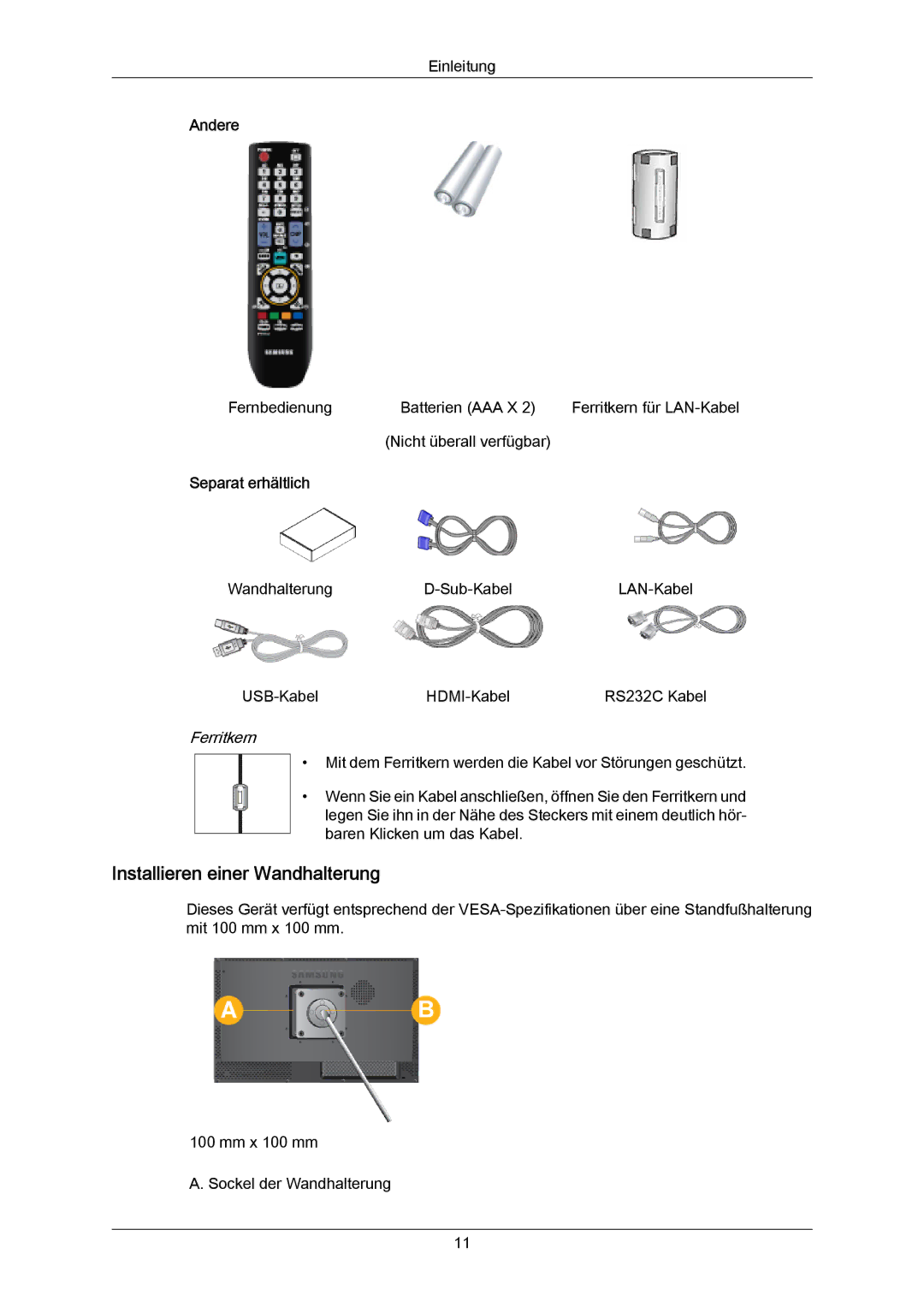 Samsung LH23PTTMBC/EN, LH23PTSMBC/EN manual Installieren einer Wandhalterung, Andere, Separat erhältlich, Ferritkern 