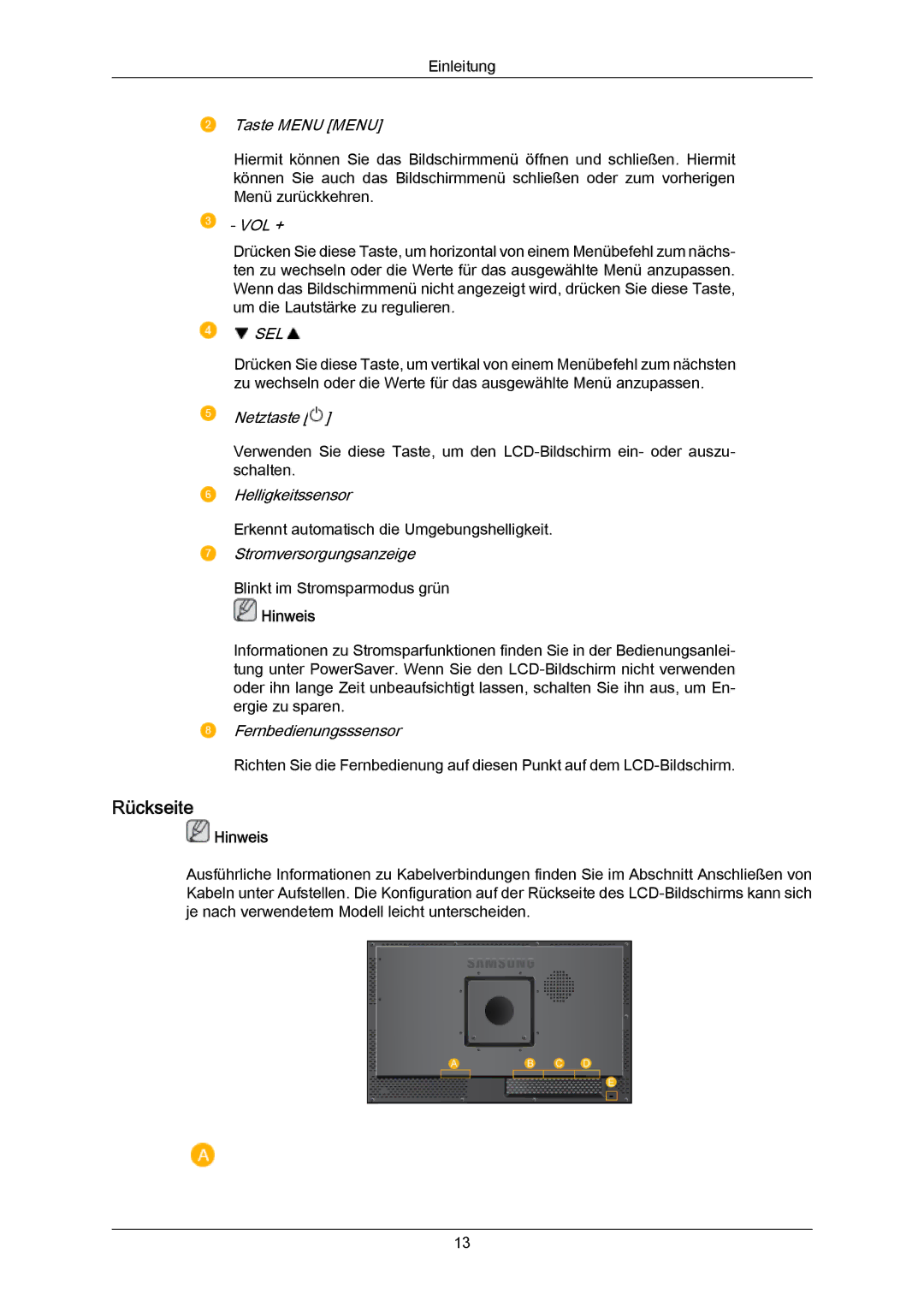 Samsung LH23PTRMBC/EN, LH23PTSMBC/EN, LH23PTVMBC/EN, LH23PTTMBC/EN manual Rückseite 