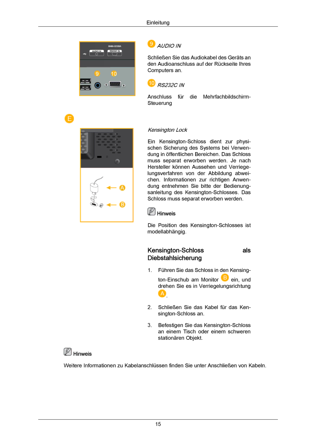 Samsung LH23PTTMBC/EN, LH23PTSMBC/EN, LH23PTRMBC/EN manual Kensington-Schlossals Diebstahlsicherung, RS232C, Kensington Lock 