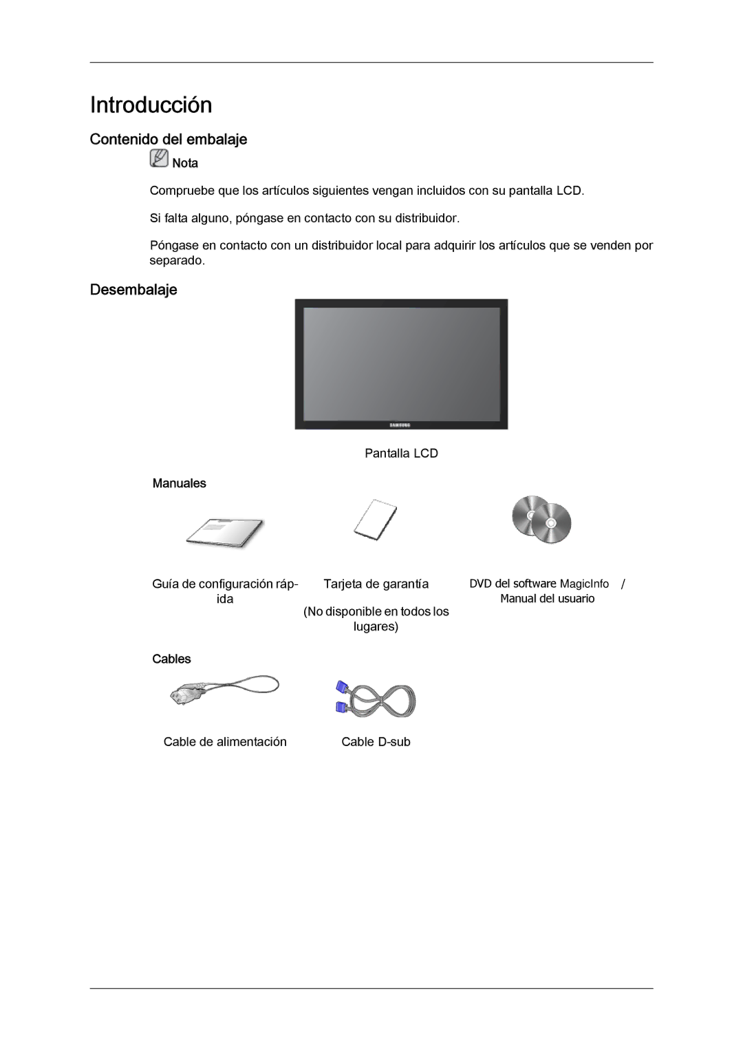 Samsung LH23PTVMBC/EN, LH23PTSMBC/EN, LH23PTRMBC/EN, LH23PTTMBC/EN Contenido del embalaje, Desembalaje, Manuales, Cables 