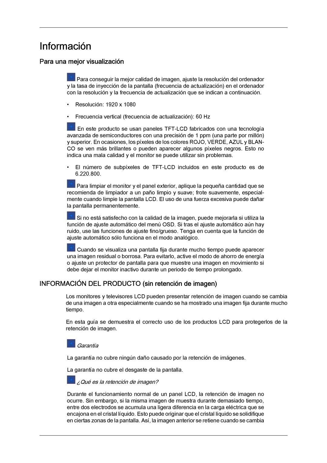 Samsung LH23PTRMBC/EN, LH23PTSMBC/EN manual Para una mejor visualización, Información DEL Producto sin retención de imagen 