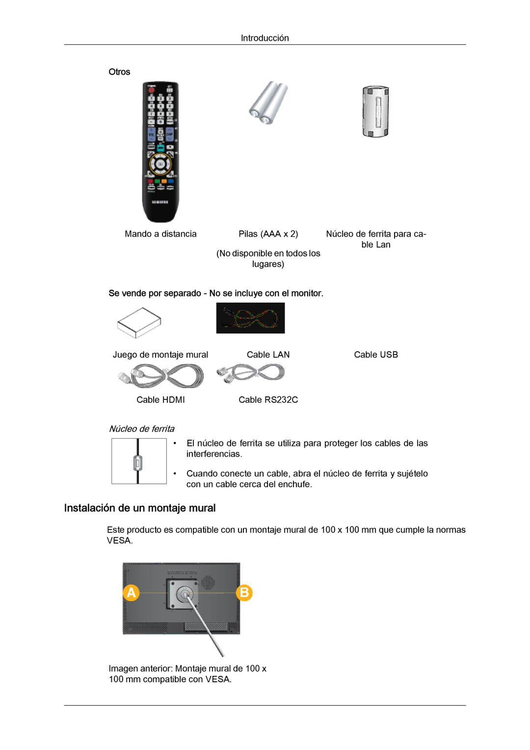 Samsung LH23PTTMBC/EN manual Instalación de un montaje mural, Otros, Se vende por separado No se incluye con el monitor 