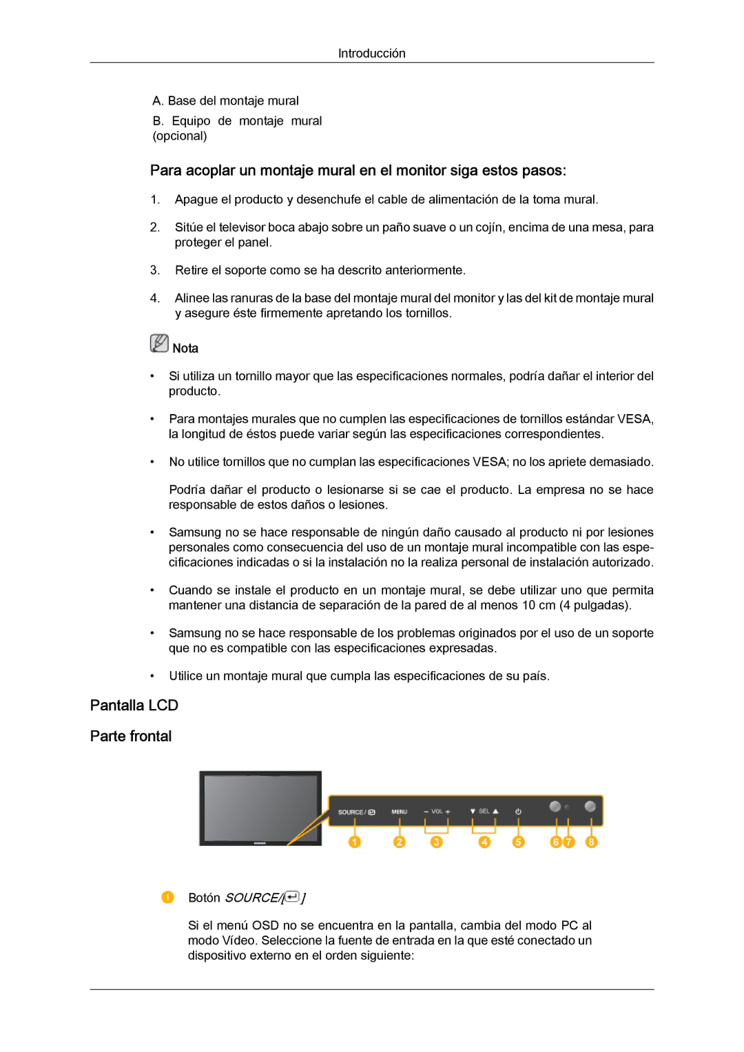 Samsung LH23PTSMBC/EN manual Para acoplar un montaje mural en el monitor siga estos pasos, Pantalla LCD Parte frontal 