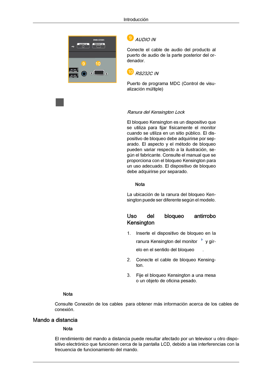 Samsung LH23PTTMBC/EN, LH23PTSMBC/EN, LH23PTRMBC/EN, LH23PTVMBC/EN Uso del bloqueo antirrobo Kensington, Mando a distancia 