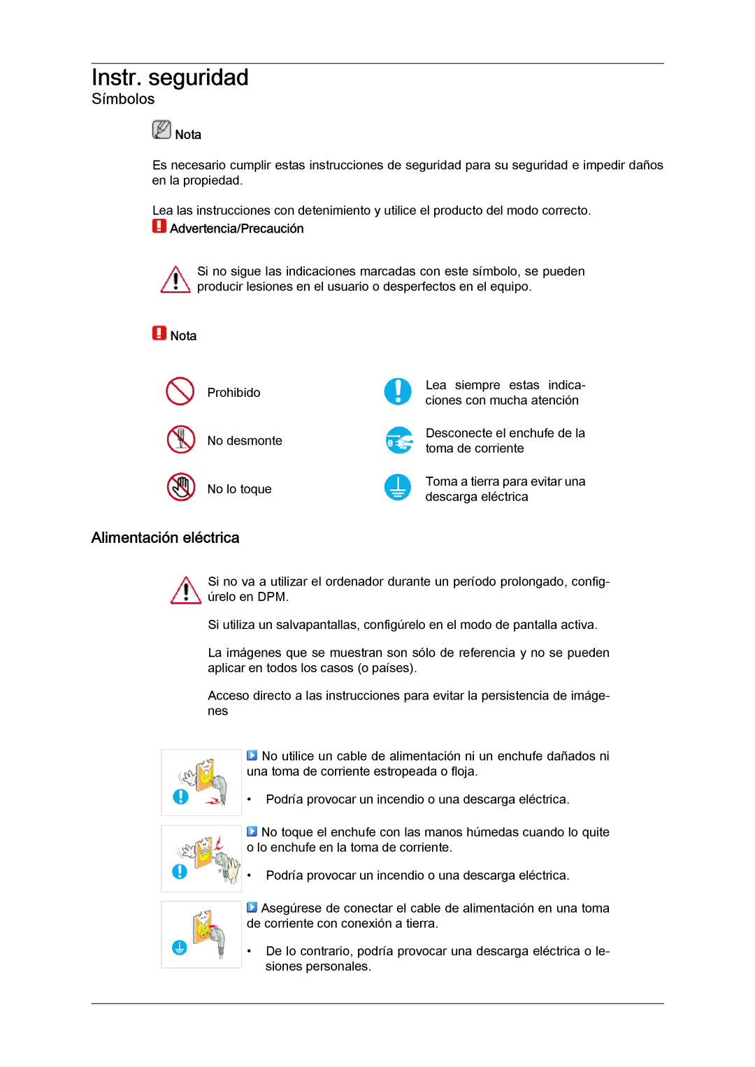 Samsung LH23PTVMBC/EN, LH23PTSMBC/EN, LH23PTRMBC/EN, LH23PTTMBC/EN manual Alimentación eléctrica, Nota, Advertencia/Precaución 