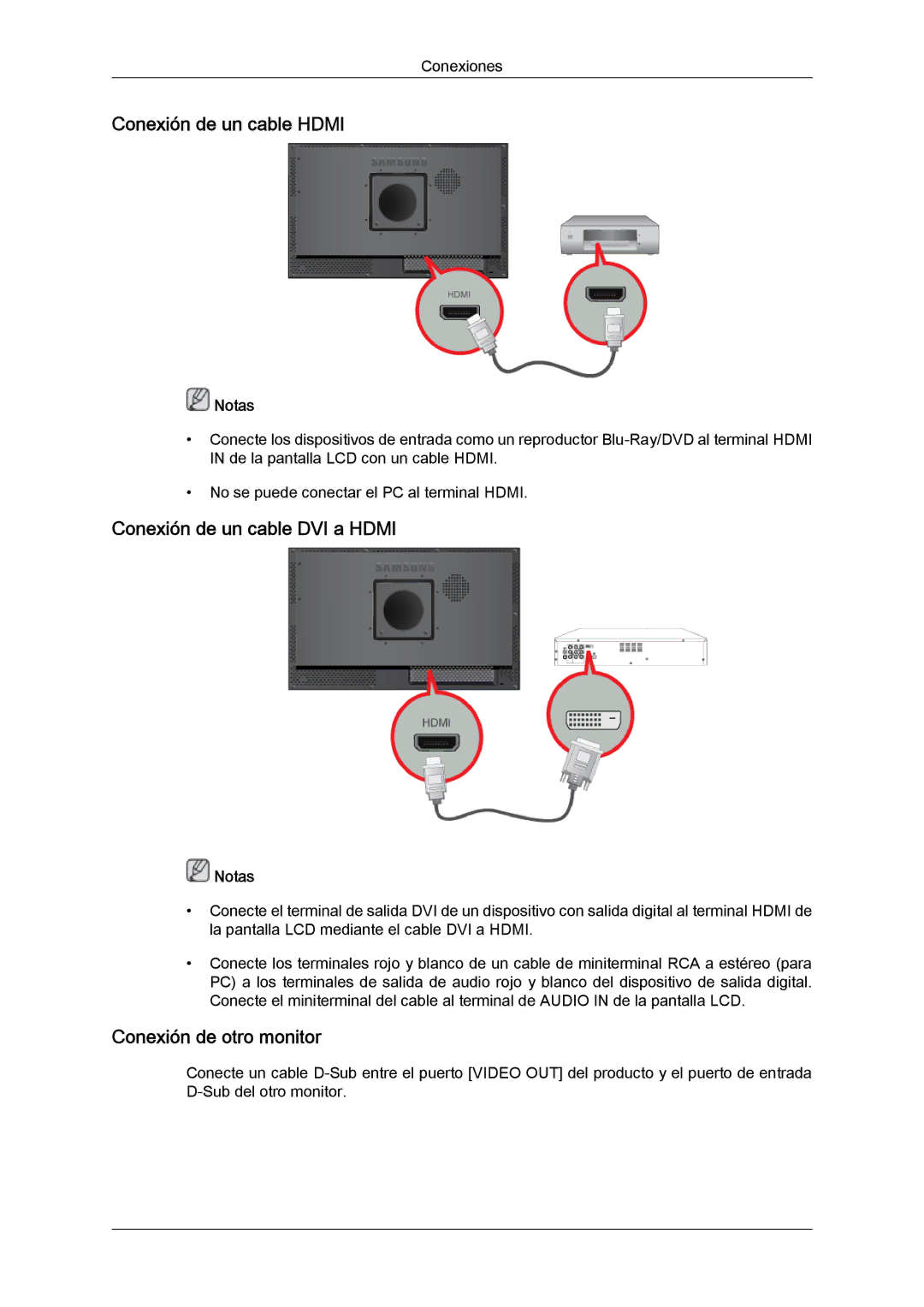 Samsung LH23PTSMBC/EN, LH23PTRMBC/EN Conexión de un cable Hdmi, Conexión de un cable DVI a Hdmi, Conexión de otro monitor 