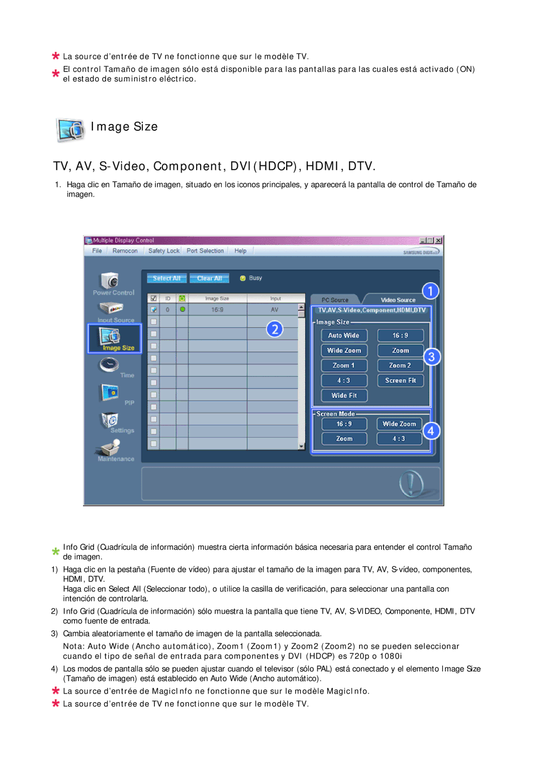 Samsung LH23PTVMBC/EN, LH23PTSMBC/EN, LH23PTRMBC/EN, LH23PTTMBC/EN Image Size TV, AV, S-Video, Component, DVIHDCP, HDMI, DTV 