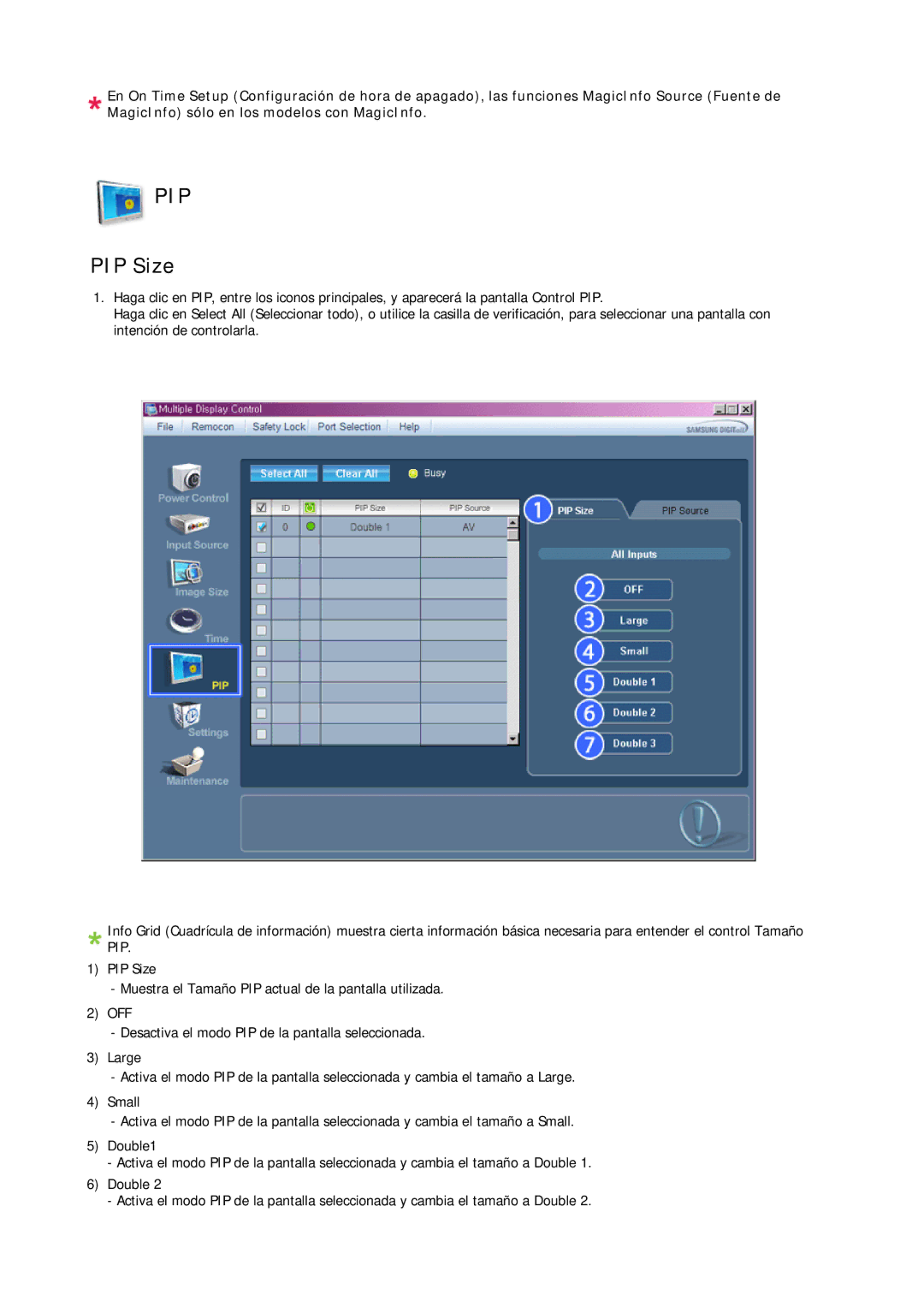 Samsung LH23PTSMBC/EN, LH23PTRMBC/EN, LH23PTVMBC/EN, LH23PTTMBC/EN manual Pip, PIP Size 