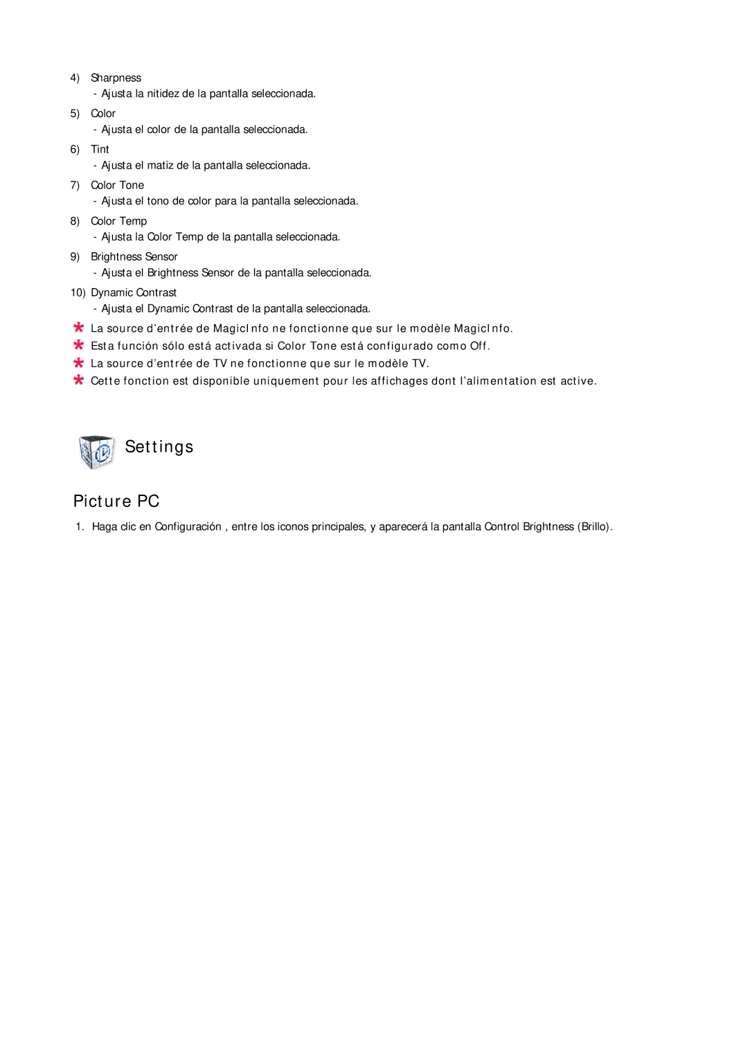 Samsung LH23PTTMBC/EN, LH23PTSMBC/EN, LH23PTRMBC/EN, LH23PTVMBC/EN manual Settings Picture PC 