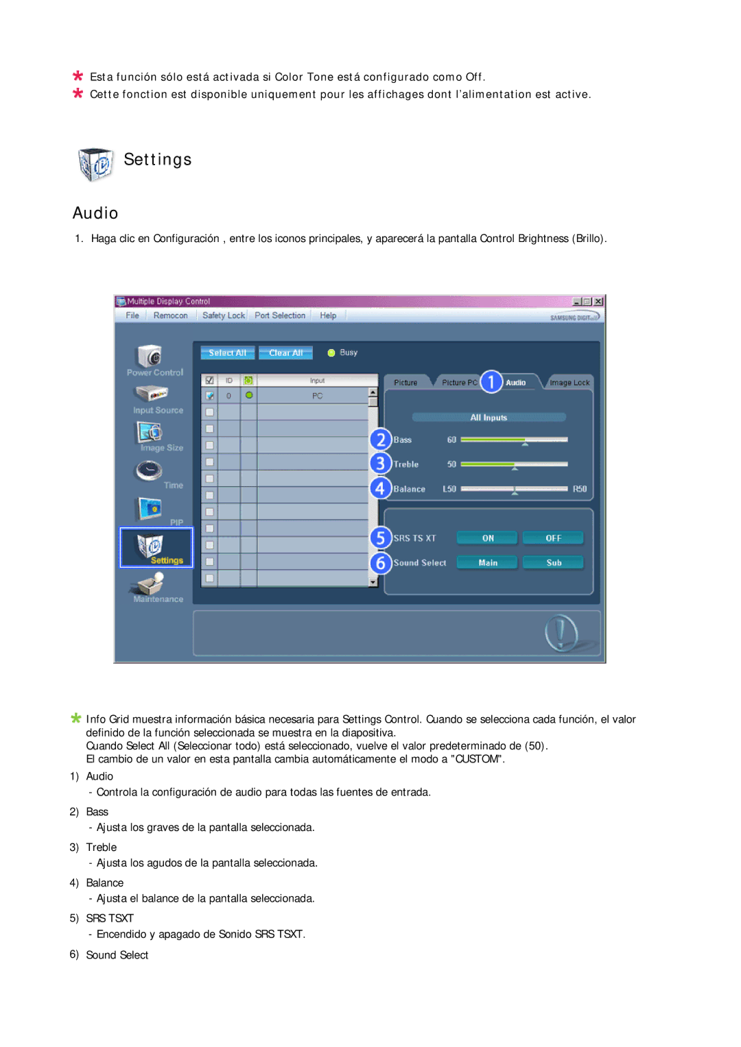 Samsung LH23PTRMBC/EN, LH23PTSMBC/EN, LH23PTVMBC/EN, LH23PTTMBC/EN manual Settings Audio, SRS Tsxt 