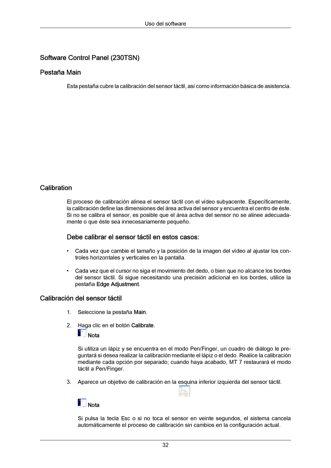 Samsung LH23PTSMBC/EN manual Software Control Panel 230TSN Pestaña Main, Calibration, Calibración del sensor táctil 