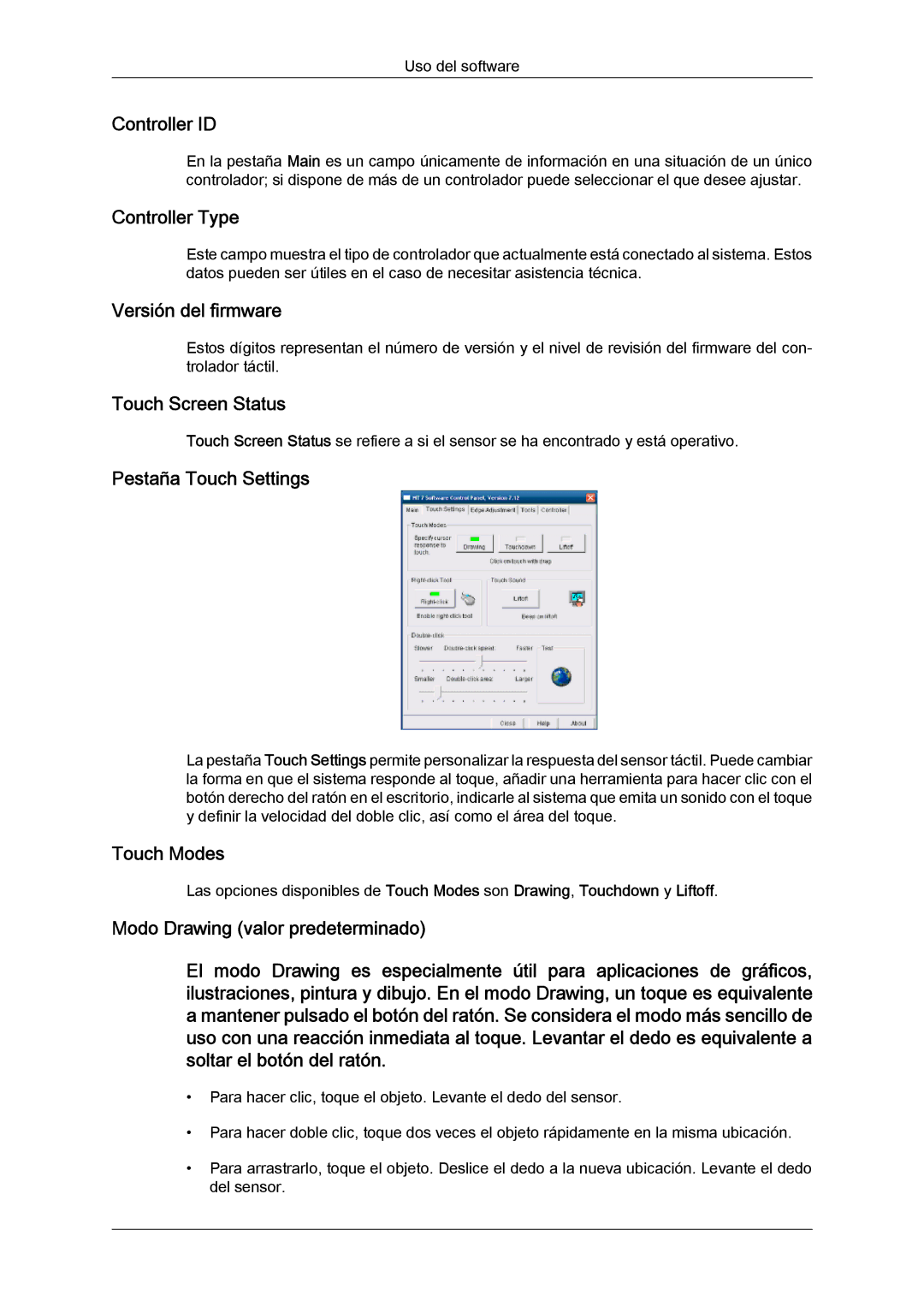 Samsung LH23PTVMBC/EN Controller ID, Controller Type, Versión del firmware, Touch Screen Status, Pestaña Touch Settings 