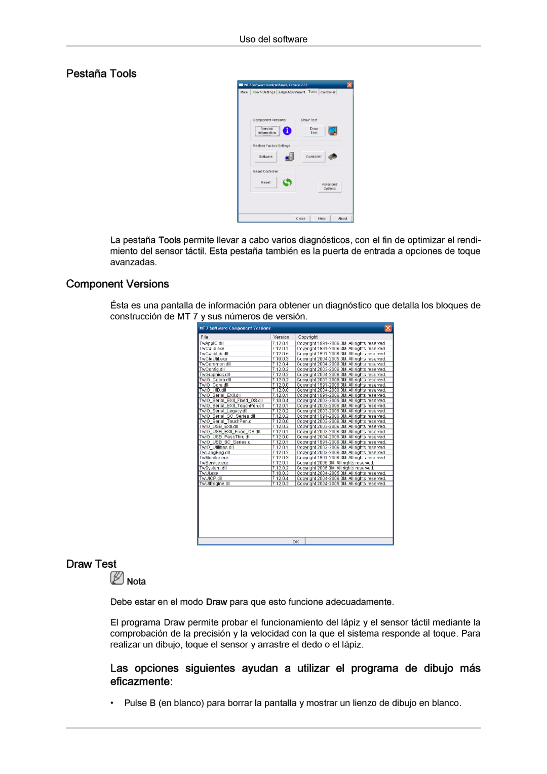 Samsung LH23PTRMBC/EN, LH23PTSMBC/EN, LH23PTVMBC/EN, LH23PTTMBC/EN manual Pestaña Tools, Component Versions, Draw Test 