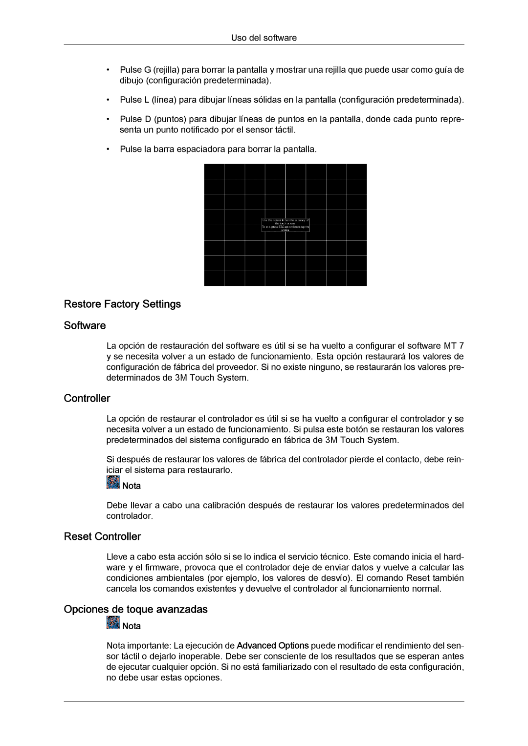 Samsung LH23PTVMBC/EN, LH23PTSMBC/EN Restore Factory Settings Software, Reset Controller, Opciones de toque avanzadas 